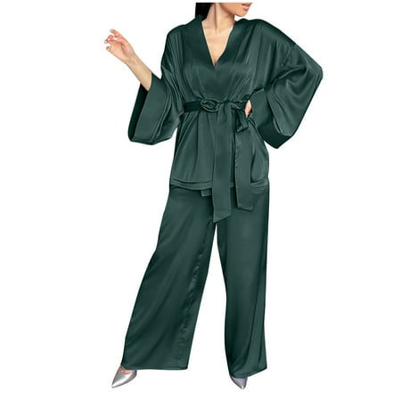 

Awdenio Pajamas for Women Clearance Women Summer Fashion Casual V-neck Sleepwear Two Piece Set Pockets Pajama Sets
