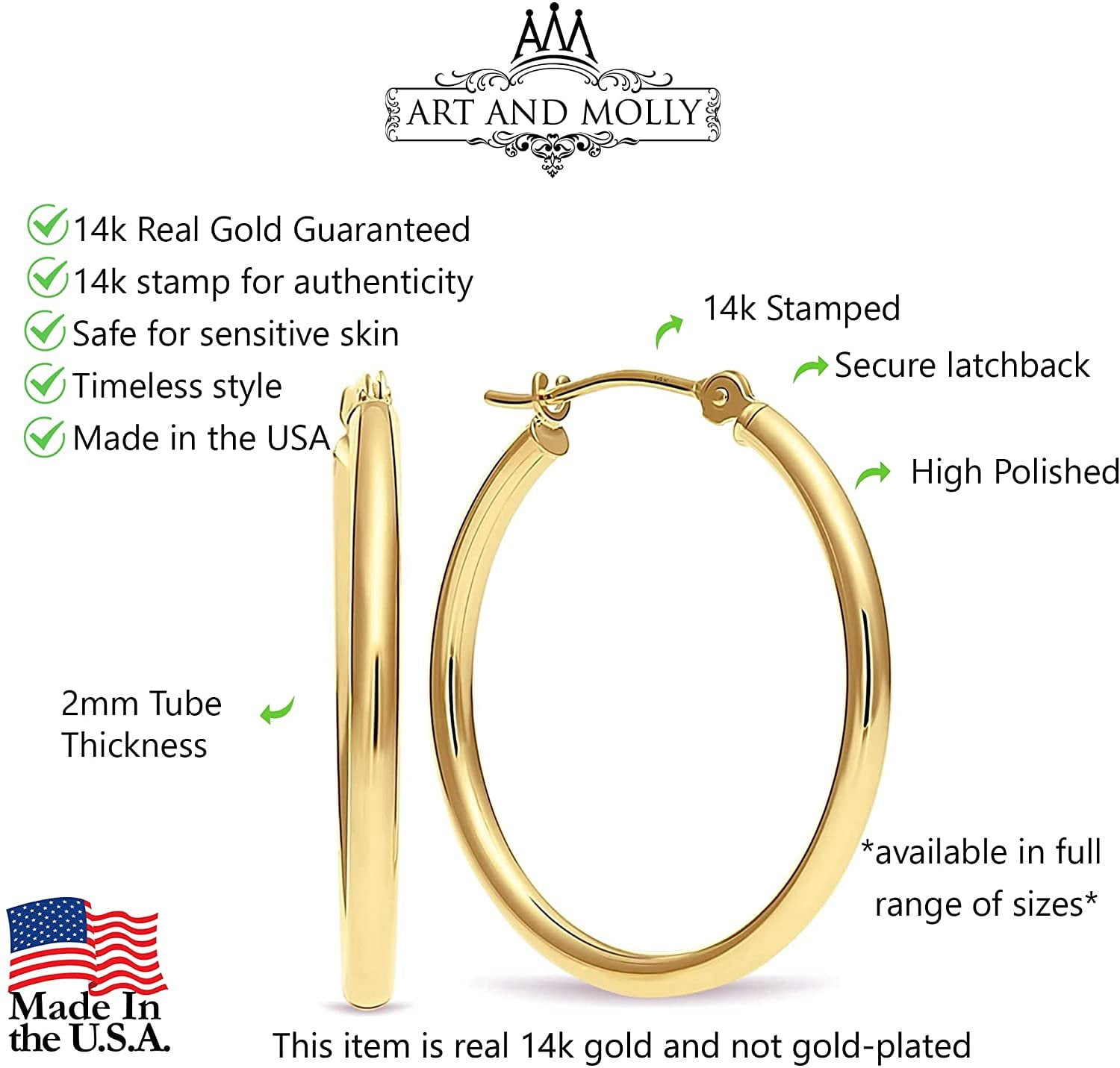 14k Gold 35mm Polished Fine Hoop Earrings 1.4" Diameter Yellow Gold