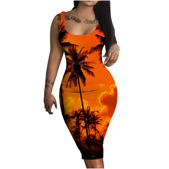 USSUMA Sundress for Women Beach Vacation Knee Length Club Pencil Bodycon Sexy Midi Summer Dresses for Women Casual U Neck Sleeveless Tropical Hawaiian Plus Size Party Sun Dresses
