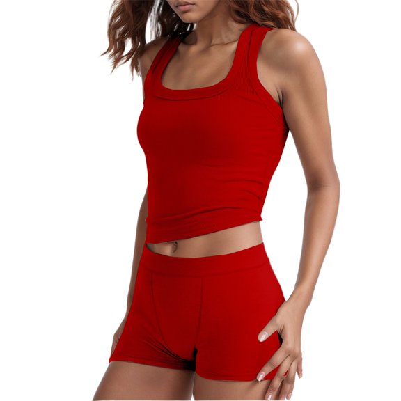 Telankuip Women's Casual Ribbed Tank Top and Shorts 2 Piece Sets Comfortable Wear Summer Yoga Outfits Pure Color Square Neck Sleeveless Breathable Soft Fabric Bodycon Training Suit Red XS