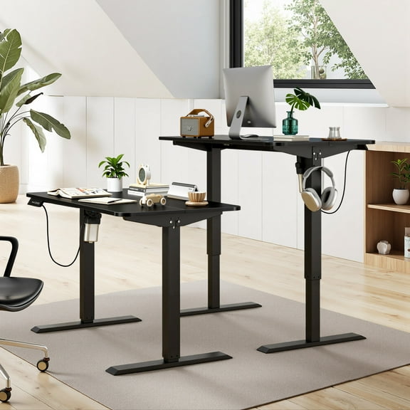 VECELO 27.7''-44.4''Height Electric Standing Desk Adjustable Height, Desk with Inteliigent Keypad, Modern Ergonomic Office Table with Hook and Wire Control, Black