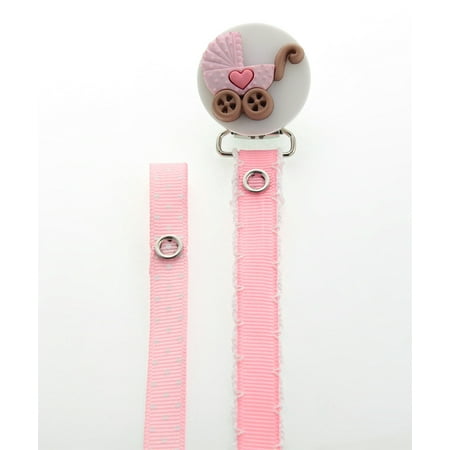 Pink Stroller Pacifier Clip With Two Interchangeable Ribbons