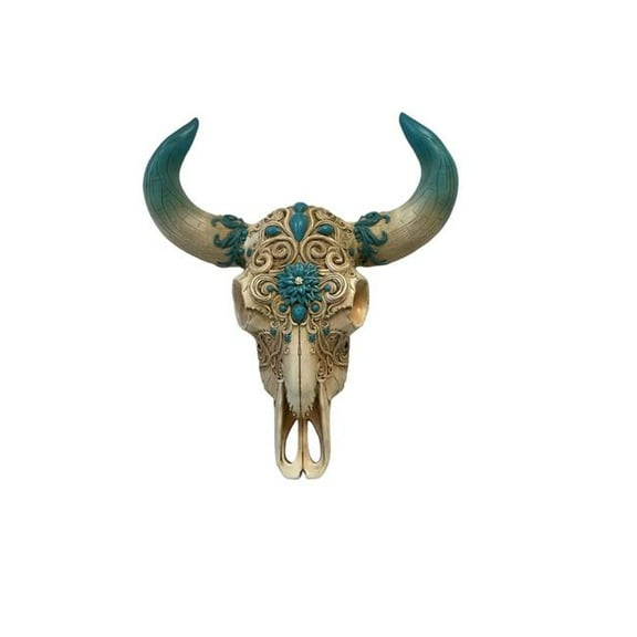 De Leon Collections 10960 Southwestern Ornate Scroll Bone Longhorn Cow Bull Skull with Turquoise Horns Hanging Wall Dcor