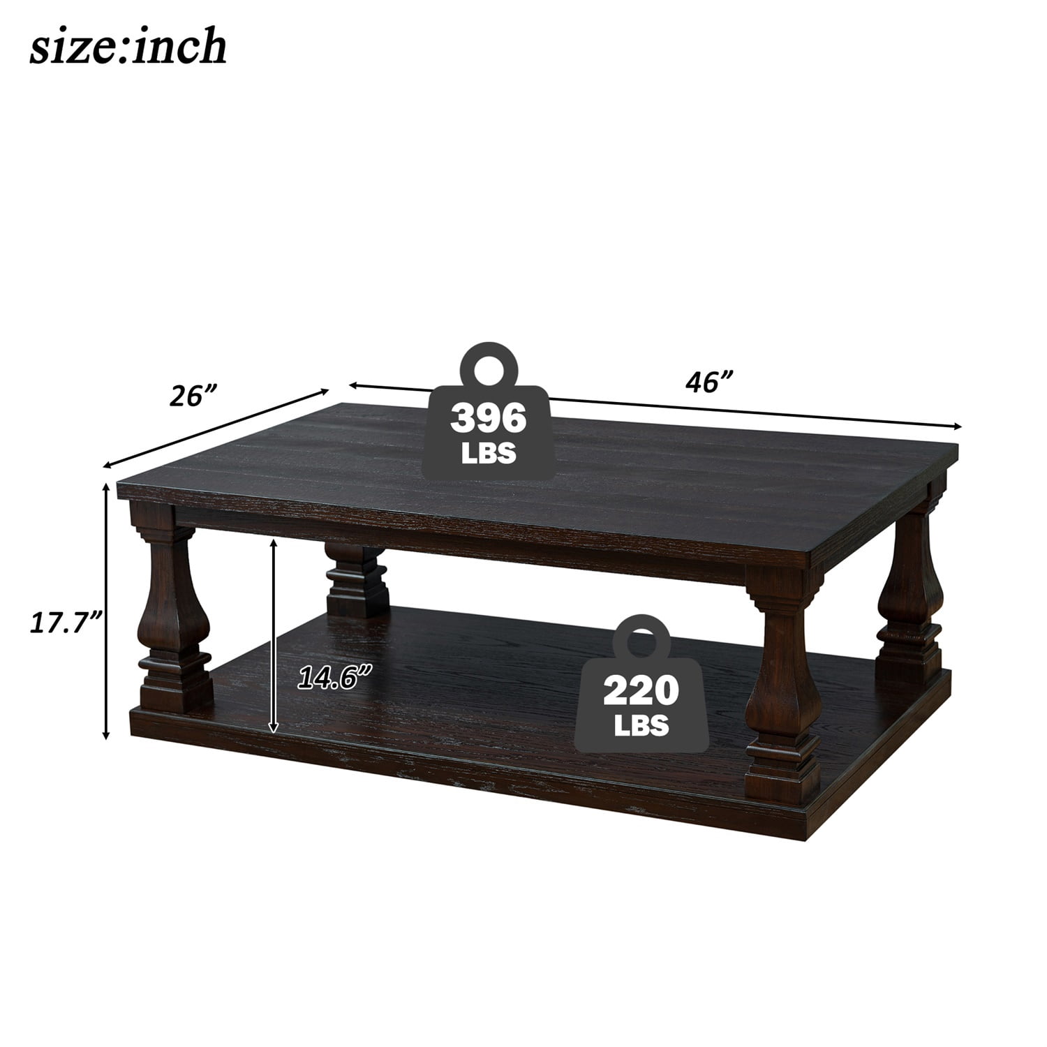 Hommoo Farmhouse Wood Coffee Table 46 Inch Rectangular with Open Shelf Storage, Rustic Living Room Center Table, Espresso