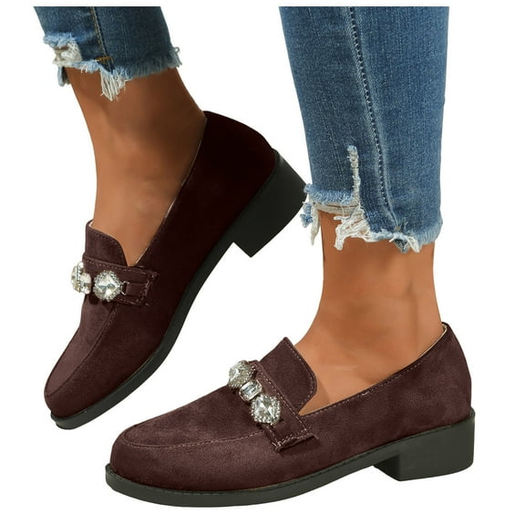 Suede Loafers for Women Comfortable Slip On Glitter Rhinestone Dress Shoes Block Low Heel Non Slip Fall Shoes Brown Size 8