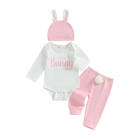 

Licupiee Newborn Baby Girls Easter Outfits Letter Rabbit Ears Print Long Sleeve Rompers Long Pants Hat 3Pcs Spring Clothes Set