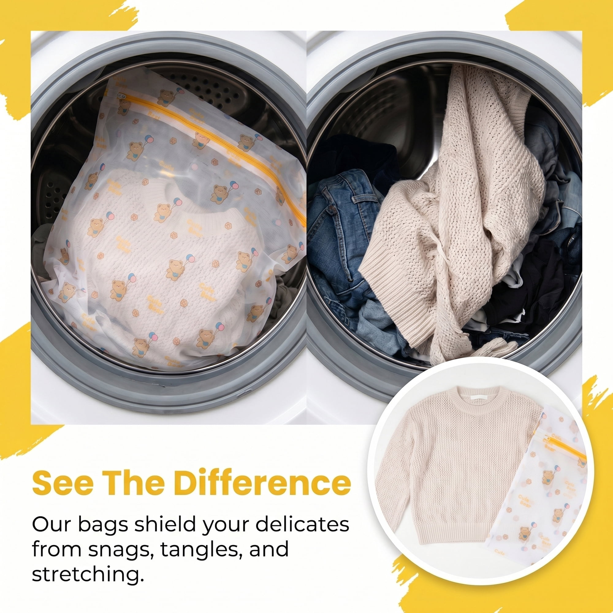 Polyester Mesh Durable Zipper Closure Laundry Bags for Delicates Yellow 6Pcs