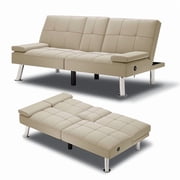 Bonzy Home Futon Versatile Sofa Bed with Cup Holders USB Port Foldable 2-Seater Guest Bed for Living Room, Ivory