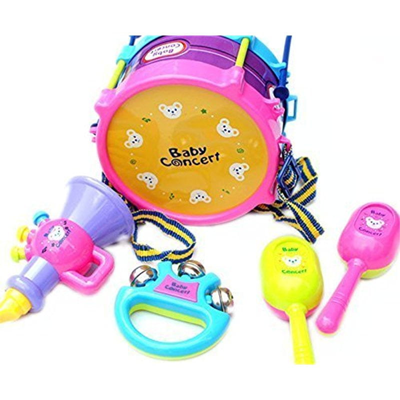 Set of 5pcs Plastic Musical Instrument Drum Maracas Rattles Horn Kids Toys 