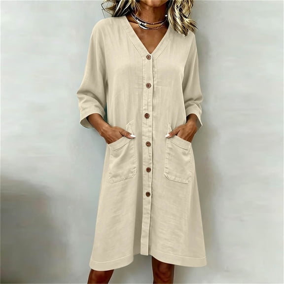 Yteetum Summer Dresses for Women Cotton Linen 3/4 Sleeve V Neck Button Dress Casual Solid Loose Breathable Qucikly Dry 3/4 Length Sleeve Tavel Vacation Midi Dresses