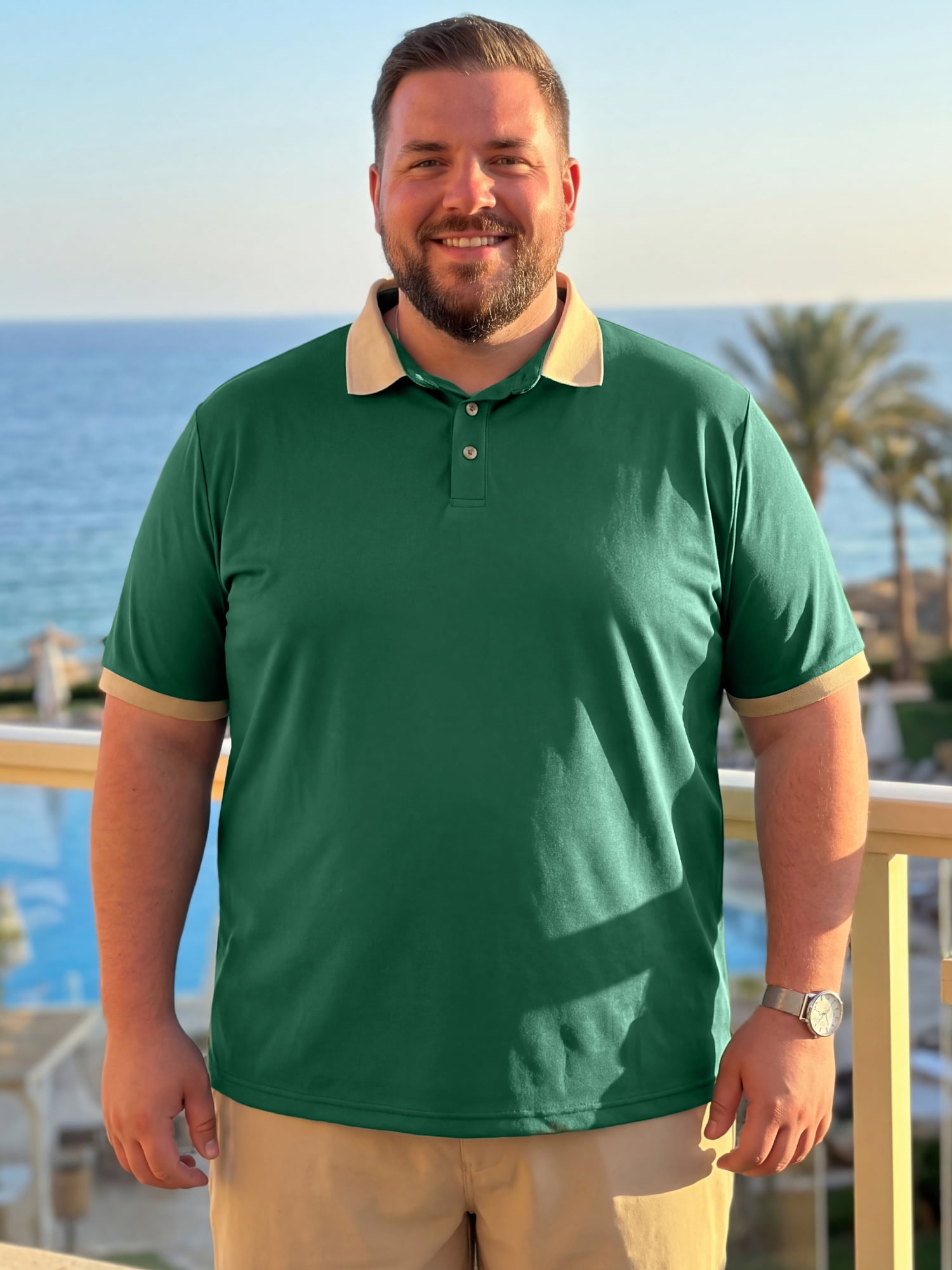 DARING DIVA Men's Contrast Collar Short Sleeves Breathable Polo Shirts 5XL Green
