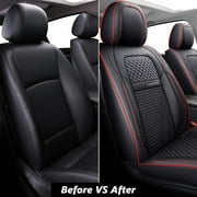 Coverado Car Seat Covers Red Trim, 5 Seats Breathable Faux Leather & Woven Fabric Seat Protectors Full Set, Universal Auto Cushions Fit Most Cars SUV Trucks