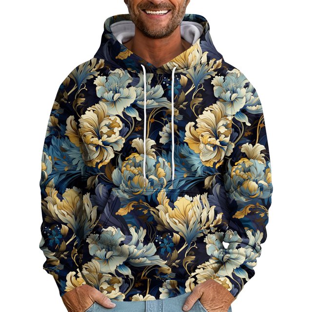 Men's Loose Flowers Printed Hooded Sweatshirt Men's Casual Fashion Sports Sweatshirt 4XL