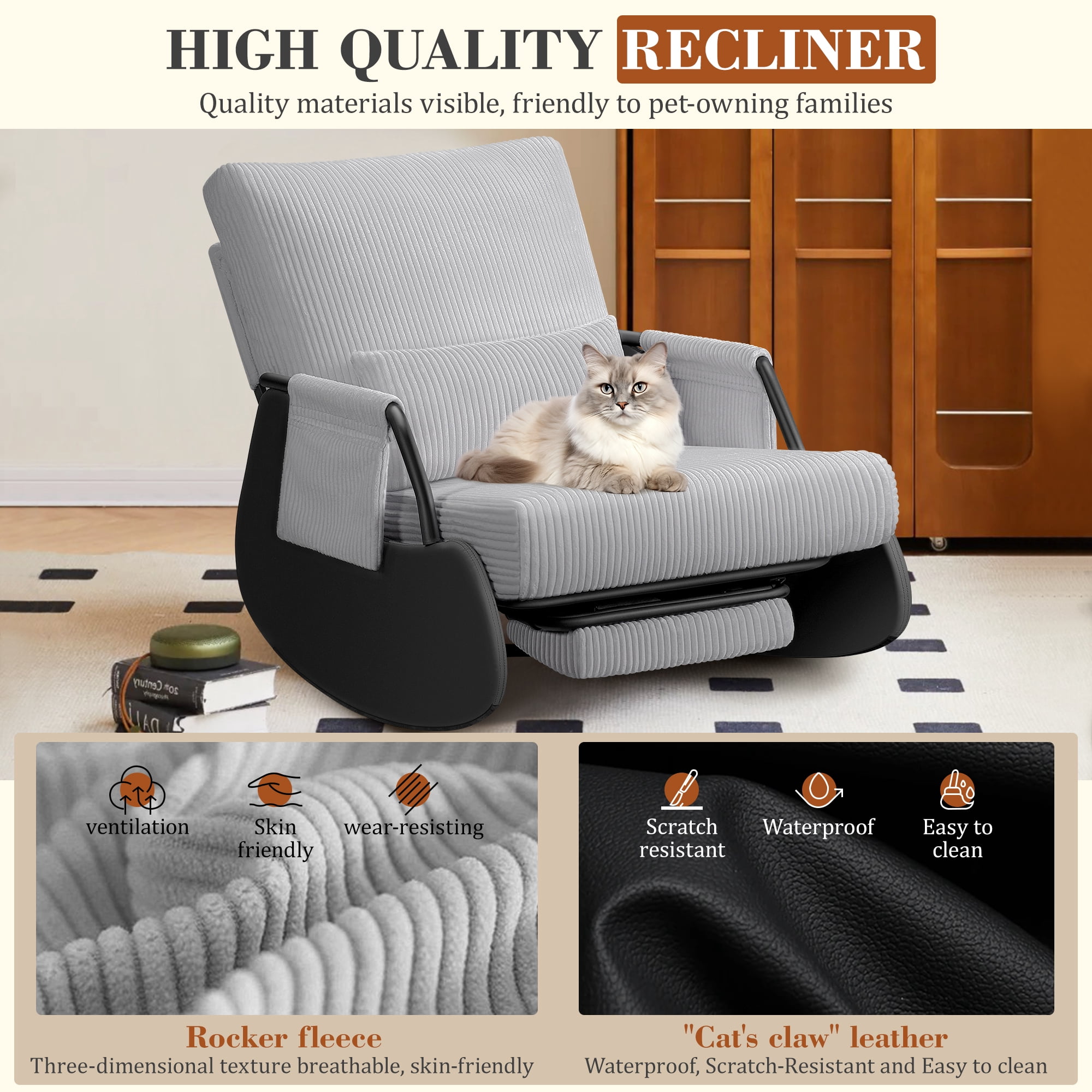 Primy Nursery Rocking Chair, Low-Seat Glider Chair, Upholstered Rocking Accent Chair Recliner with Side Pocket and Foot Rest for Mom Nursery Living Room Bedroom