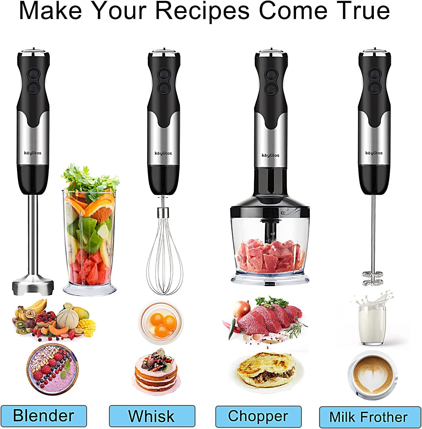 Keylitos 5 in 1 Immersion Hand Blender, 12 Speed Handheld Stick Blender with 304 Stainless Steel Blades, Chopper, Beaker, Whisk and Milk Frother for Smoothie, Baby Food, Sauces Red,Puree,Soup