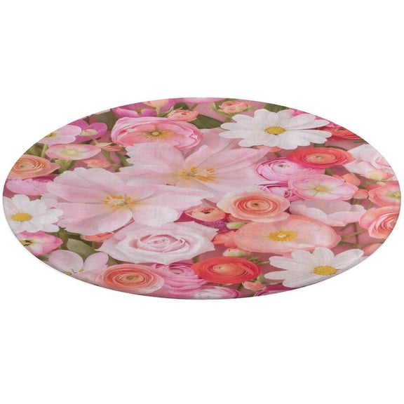 Floral Colorful Flower Soft Bedroom Round Area Rug, Washable Cute Nursery Circle Throw Mat, Non-Slip Contemporary Small Low Pile Floor Carpet for Dorm Bedside