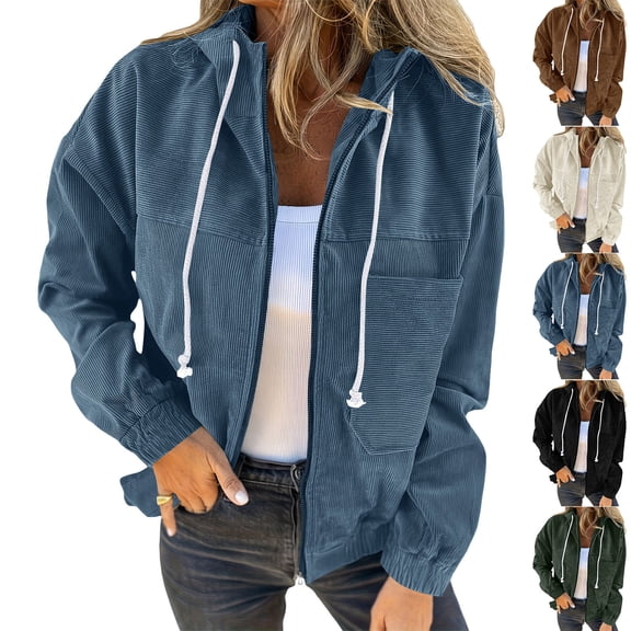 Zedker Corduroy Jacket Women Drawstring Hooded Pocket Zip Up Jacket Loose Shacket Coat