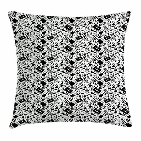 Music Throw Pillow Cushion Cover, Blues Jazz Punk Rock Various Type of Folk Indie Rap Reggae Peace Sign Sing Artwork, Decorative Square Accent Pillow Case, 18 X 18 Inches, Black White, by