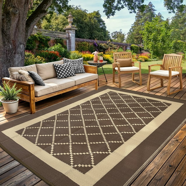 Garvee Outdoor Rug 8'x10' Waterproof Rug for Patios, Reversible Plastic Straw Rug Camping Carpet Mats for RV, Picnic, Backyard, Balcony, Porch, Beach, Brown