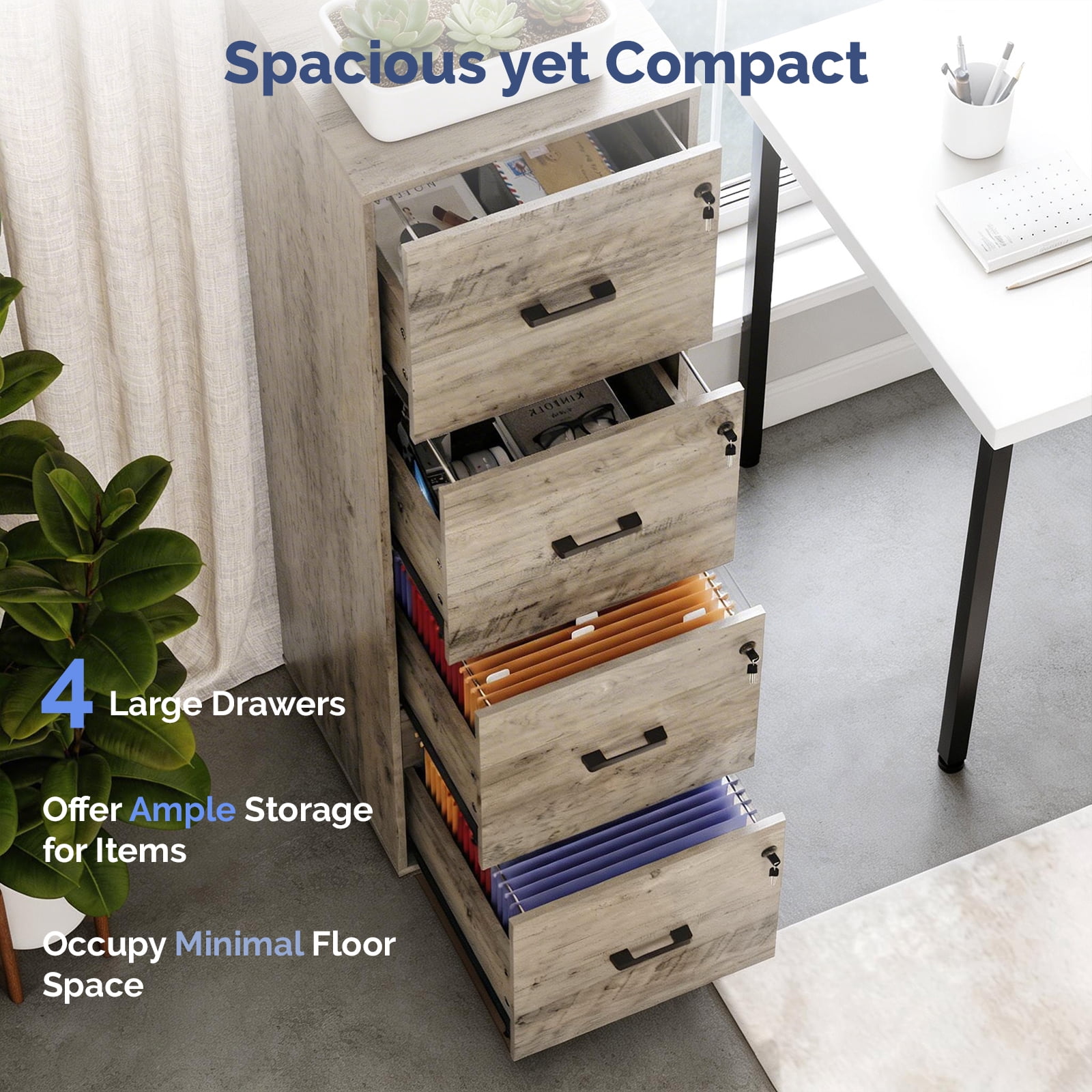 Ktaxon Wood Lateral File Cabinet with Lock for Home Office, Lockable Filing Cabinet, Easy to Assemble, Gray