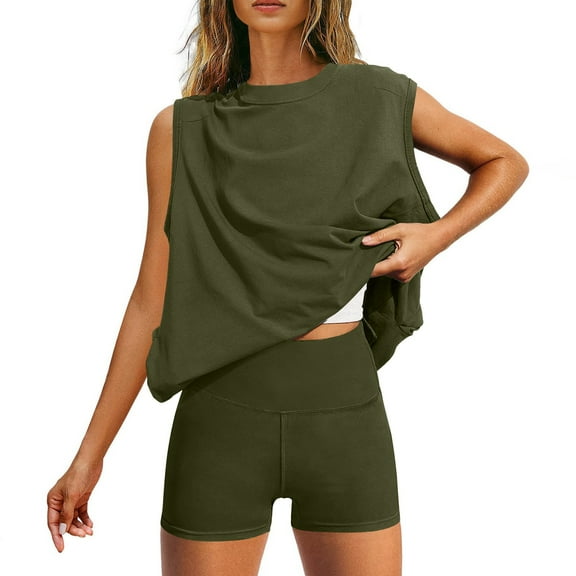 Bixock Women's 2 Piece Casual Set,Tank Top Shorts Outfits,Solid Loose Top Fitted Sports Leisure Sleeveless Crew Neck Set