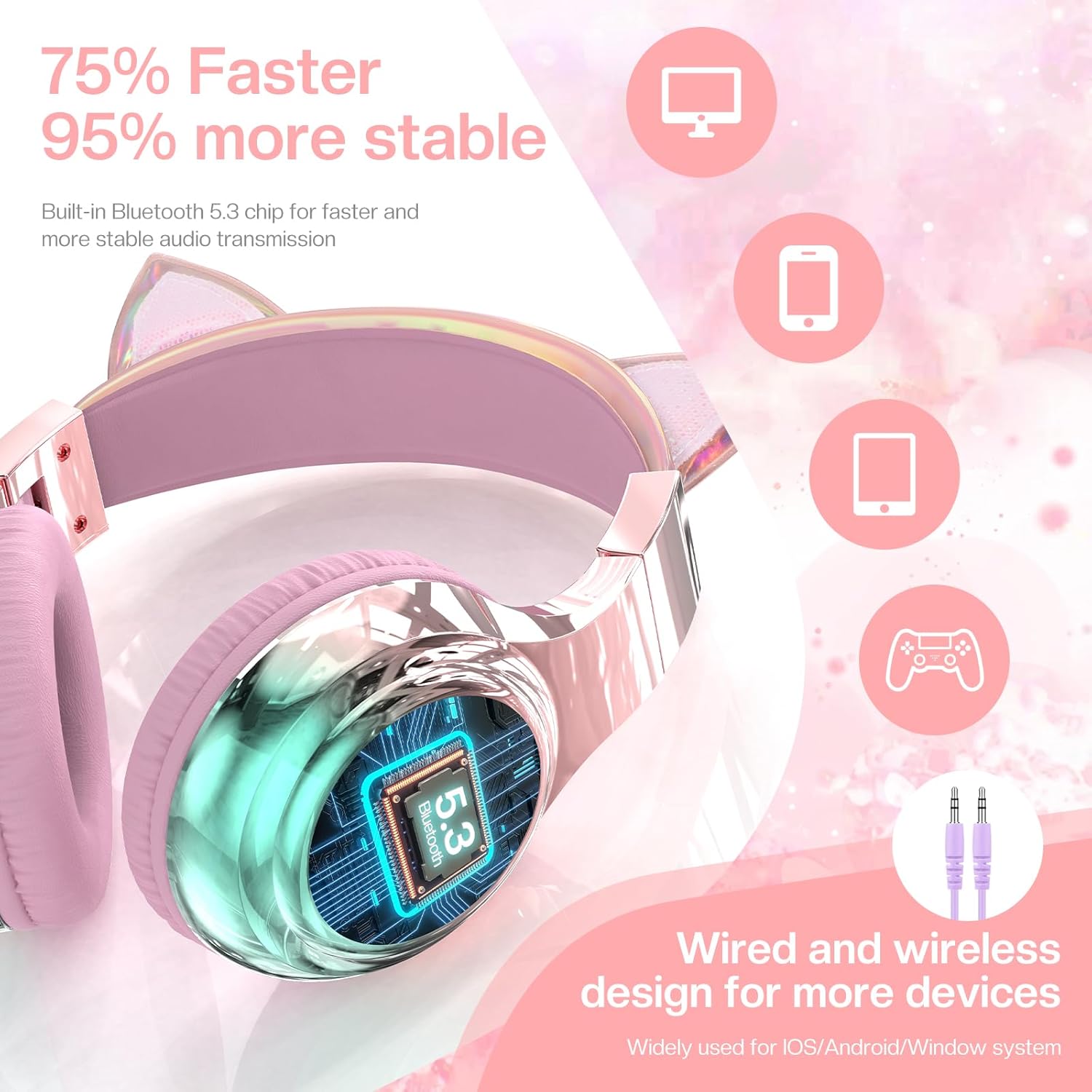 QearFun Cat Ear Kids Headphones, 60H Playtime, Pink photo 8