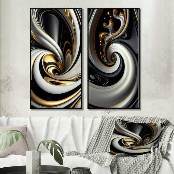 Designart "Elegant Gold, Black, and White Stained Glass I" Abstract Spirals Framed Wall Art Set Of 2 - Gold Abstract Gallery Wall Frame Set For Home Decor