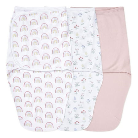 aden + anais Essentials No Zip Wrap Swaddles, Spring Flowers, Pink, Girls, Newborn, 0-3 Months, 3-Pack