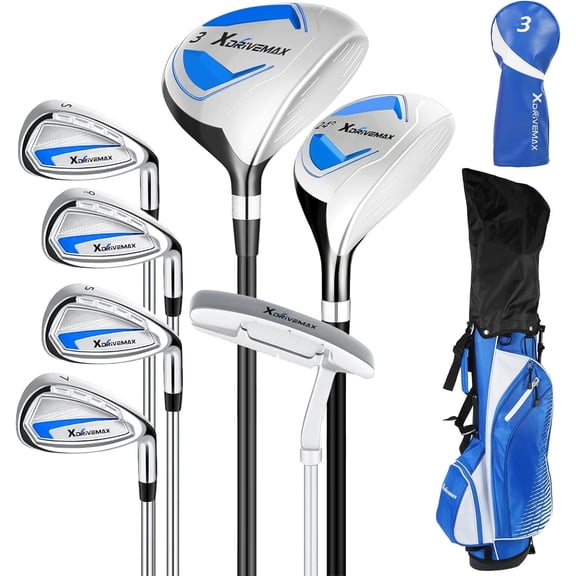 XDriveMax 8-Pieces Golf Club Set, Left-Handed Clubs for Men Includes Wood, Hybrid, Irons, Putter & Bag - Beginner Friendly, High Distance & Accuracy, Blue (No Driver)