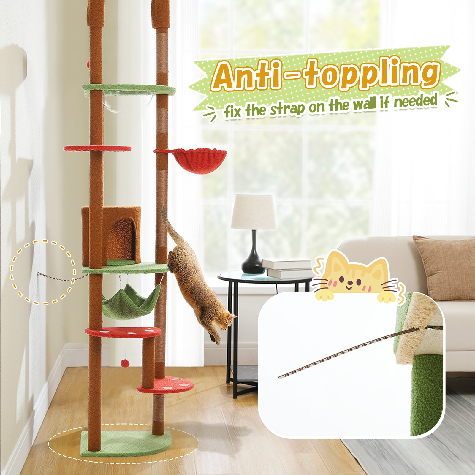 Kadyn 92.9"-101.6" Height Adjustable Cat Tower Kitty Climbing Play House Floor to Ceiling Cat Tree for Indoor with Cozy Cat Condo, Brown