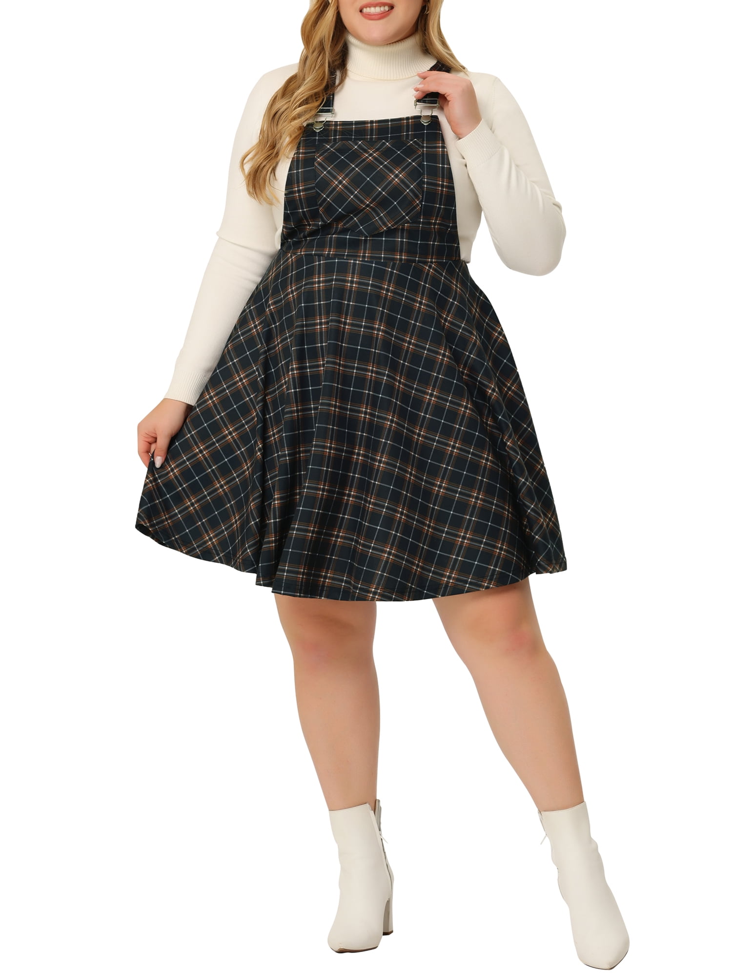 DARING DIVA Women's Plus Size Overall Plaid Swing Adjustable Straps Dress 1X Black