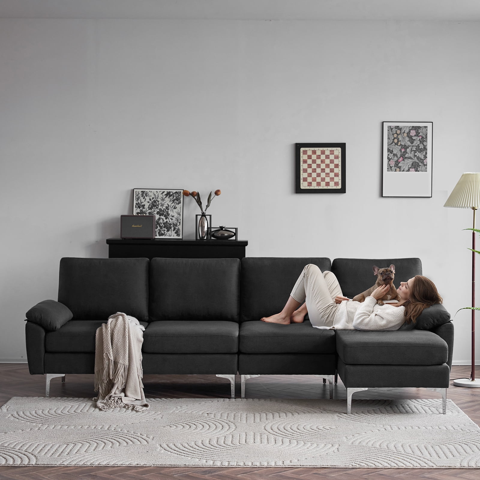Ktaxon Sectional Sofa Set, L Shaped Linen Fabric Couch with Chaise Lounge, 4 Seats Sleeper for Living Room Black