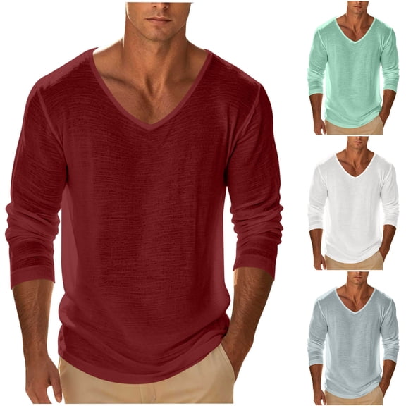 Men Fall Blouse Mineart Men Long Sleeve V Neck Solid Tops Blouses Fashion Loose Casual Lightweight Shirts Breathable All Season Daily Commuting Pullover Shirts for Adult Men