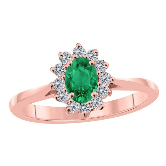 Mauli Jewels Rings for Women 0.89 Carat Diamond and Oval Shape Emerald Ring Prong 10K Rose Gold