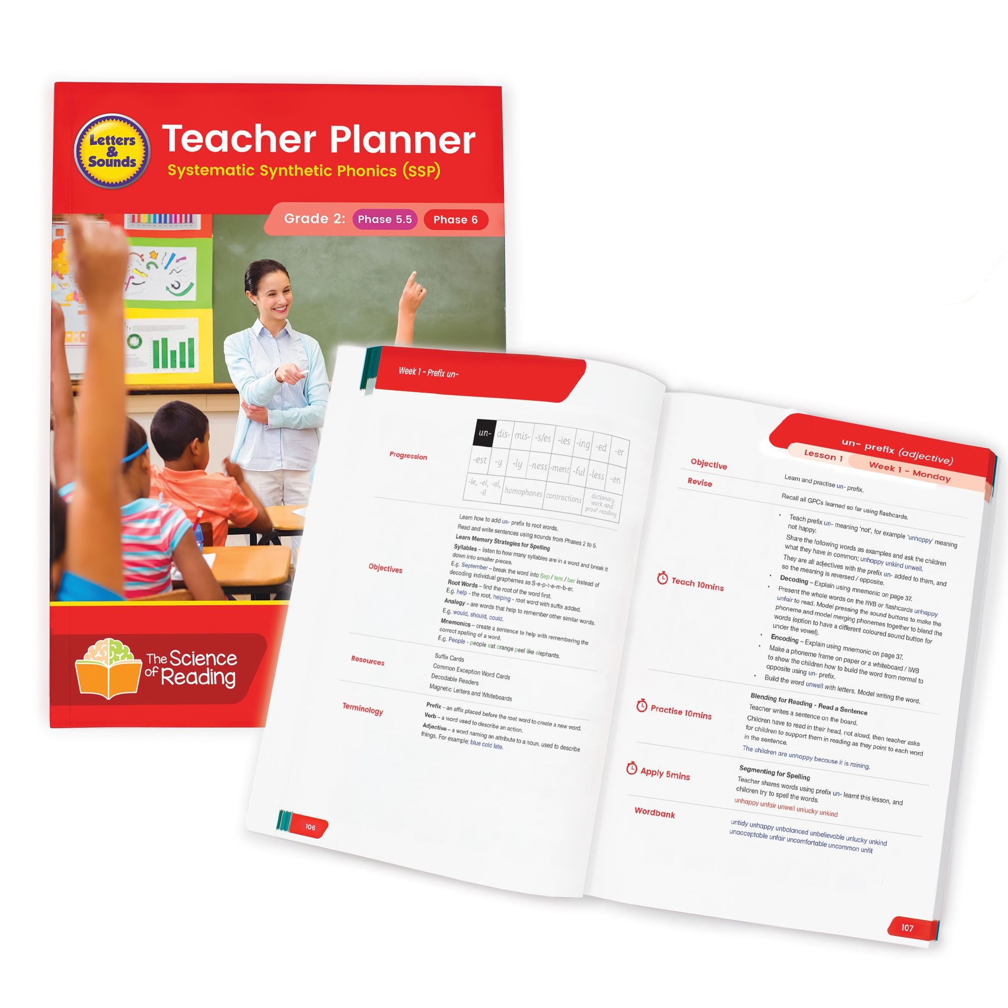 Junior Learning Teacher Planner Grade 2- The Science of Reading Resource book for Letters & Sounds, Decodable Readers, Phase 5.5 Alternative Sound Families, Phase 6 Prefix & Suffixes, W/ lesson plans