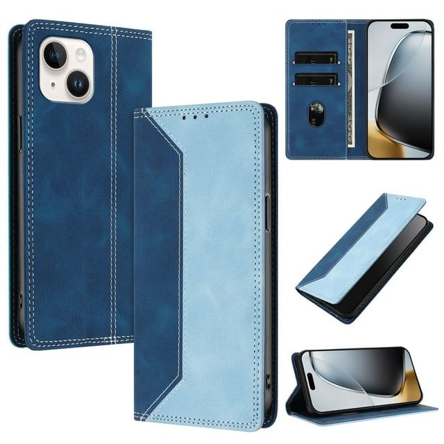 Funda FOXDOCK para iPhone 13 de Cuero Premium Bicolor con Ranuras RFID, Carcasa Tipo Billetera Antigolpes y Soporte Plegable
