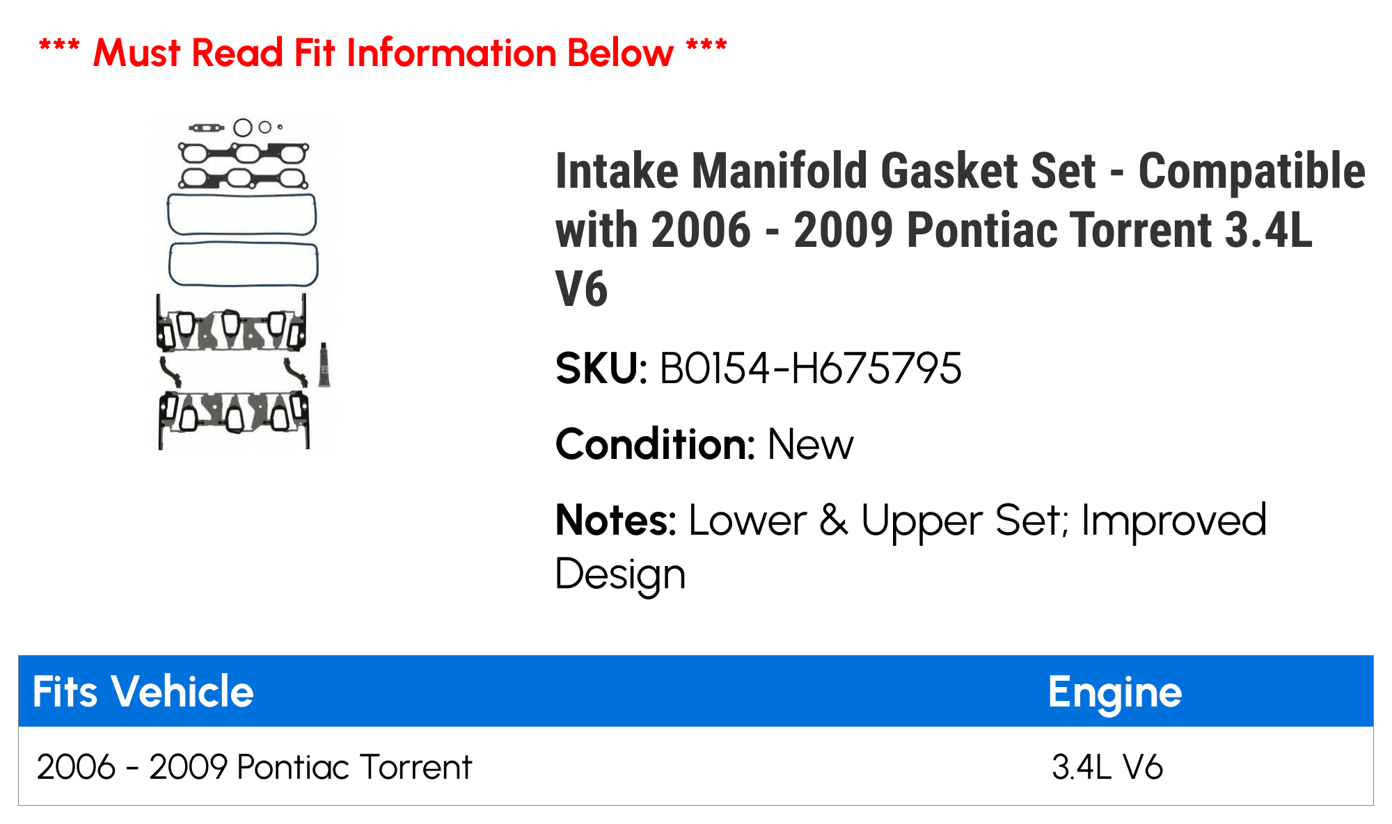 Intake Manifold Gasket Set - Compatible with 2006 - 2009 Pontiac Torrent 3.4L V6 2007 2008