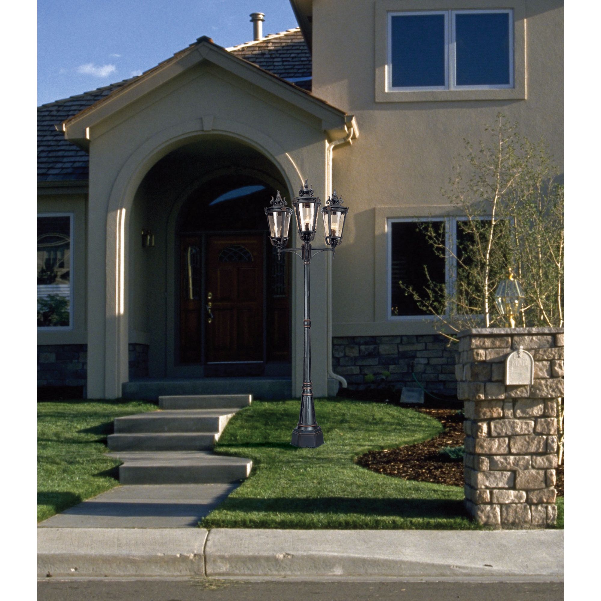 John Timberland Mediterranean Outdoor Post Light Street Lantern 3 Light Veranda Bronze 100" Clear Hammered Glass for Exterior Yard