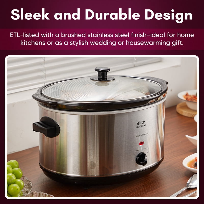 Elite Cuisine MST511 8.5Qt. Stainless Steel Slow Cooker with Adjustable Settings and Keep Warm