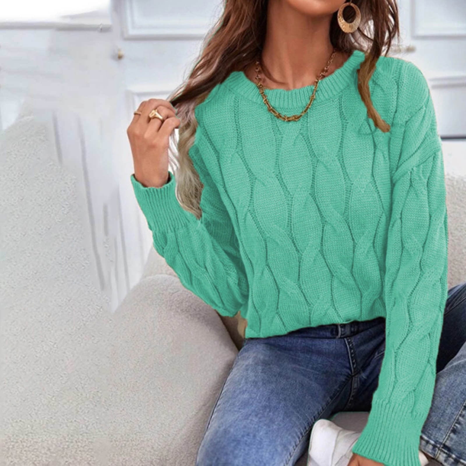 FITORON Women Sweater- Solid Pullover Leisure Top Long Sleeve Crew Neck  Fashion Warm Cable Knitted Tops Green