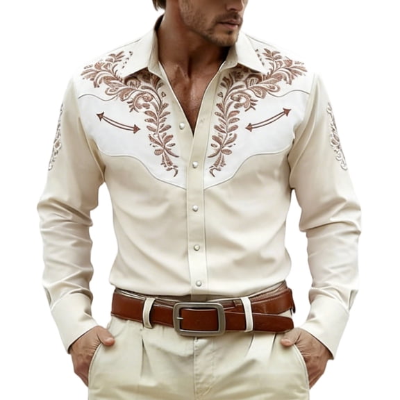 Mens Shirts Western Cowboys Print Long Sleeve Button Lapel Top Casual Carnival Classic Comfortable Shirt for Men Beige L
