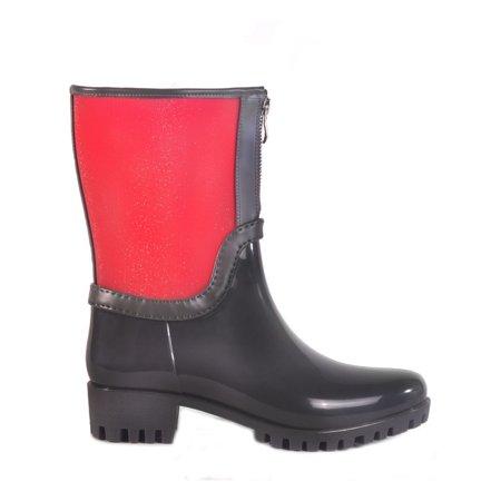 

DAV Womens Red Comfort Glitter Translucent Shaft Lug Sole Water Resistant Dryden Round Toe Block Heel Zip-Up Rain Boots 40