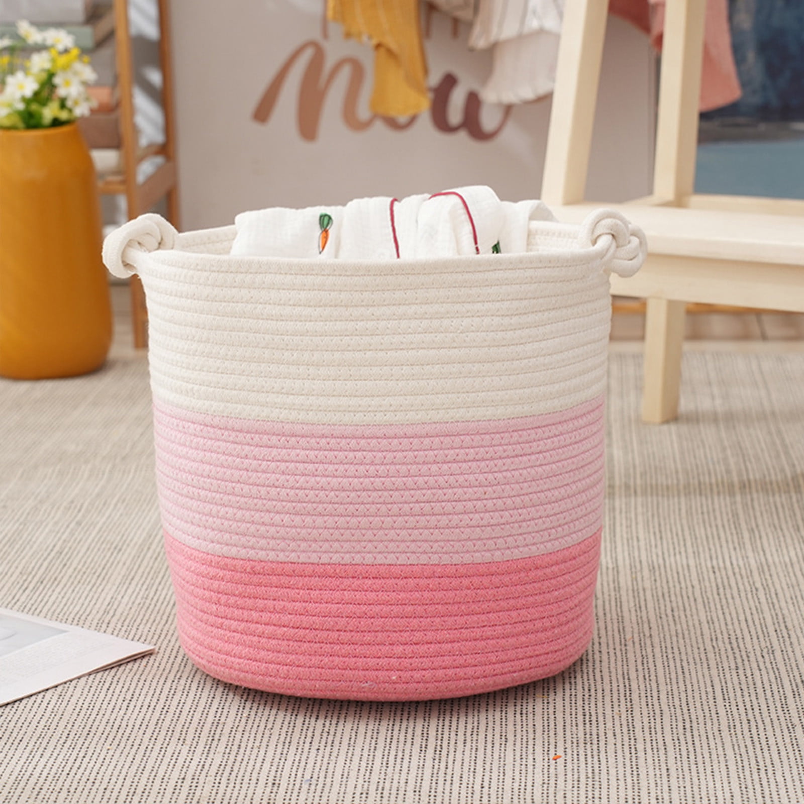 SIYTUAU Woven Cotton Rope Storage Basket Laundry Hamper Toy Organizer Handles Large Capacity Fabric Bin Nursery Room Pink Pink
