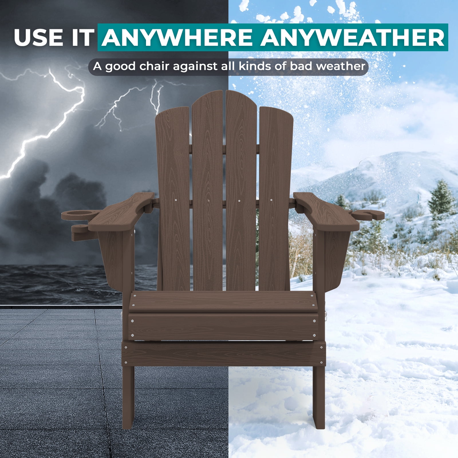 RIAFUN Outdoor Patio chair, Folding HDPE Resin Adirondack Chair with Double Cup Holder, Coffee Brown