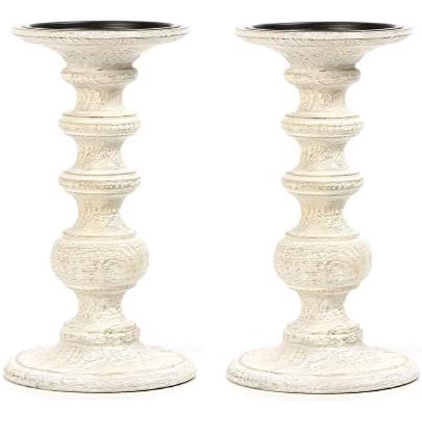 Hosley Set Of 2 White Wood Pillar Candle Holder 9 Inch High Ideal Gift