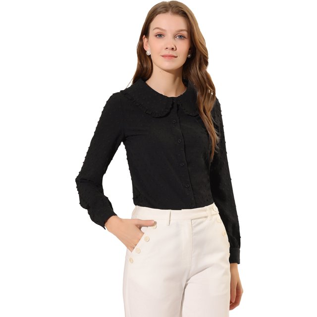 Blusa de cuello Peter Pan de manga larga con botones suizos para mujer Negro L