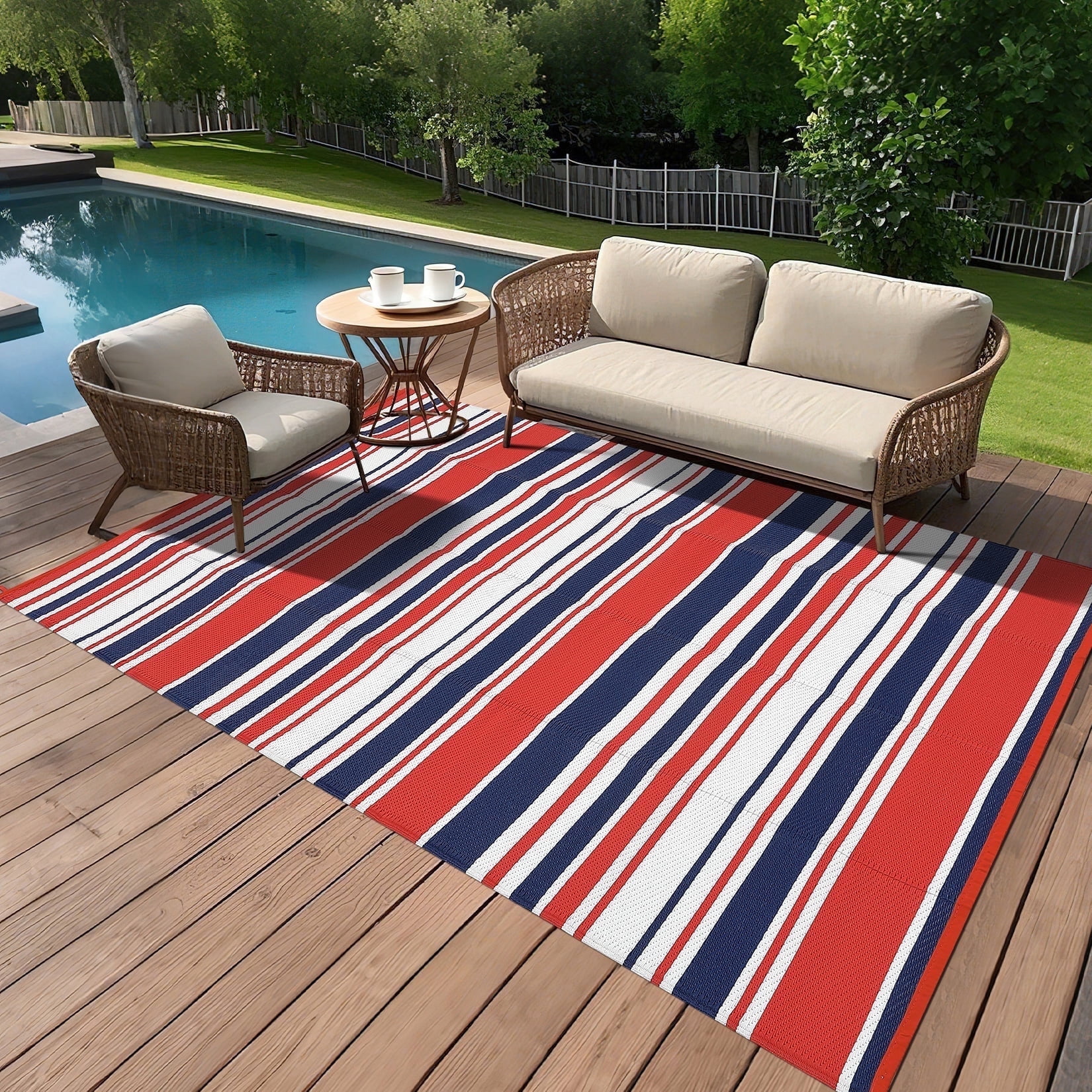 Twister.CK Outdoor Rug 8' x 10' Waterproof Patio Rug, Reversible Plastic Outside Carpet, Striped Camping Straw Rugs, for RV Camping Deck Balcony Backyard, Red