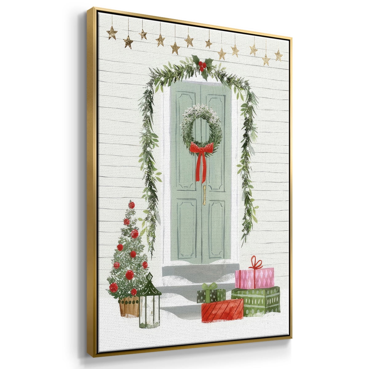 Festive Front Door I - Framed Gallery Wrapped Holiday Canvas - 25 x 37 - Gold Frame