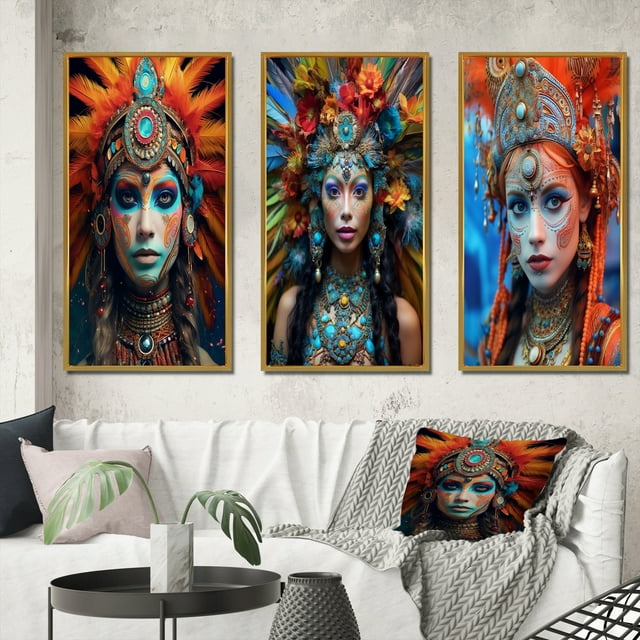 Designart "Festive Slavic Spiritual Portraits V" Boho Woman Framed Wall Art Set Of 3 - Red Woman Boho Frame Canvas Set For Living Room Decor