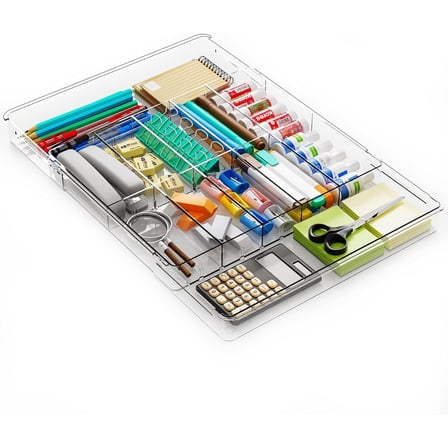 Large Expandable Desk Drawer Organizer Tray for Office Supplies and Accessories With 12 Adjustable Compartments,Office Drawer Organizers for Pencil,Pen and Kitchen Junk Drawer Organizer,Clear